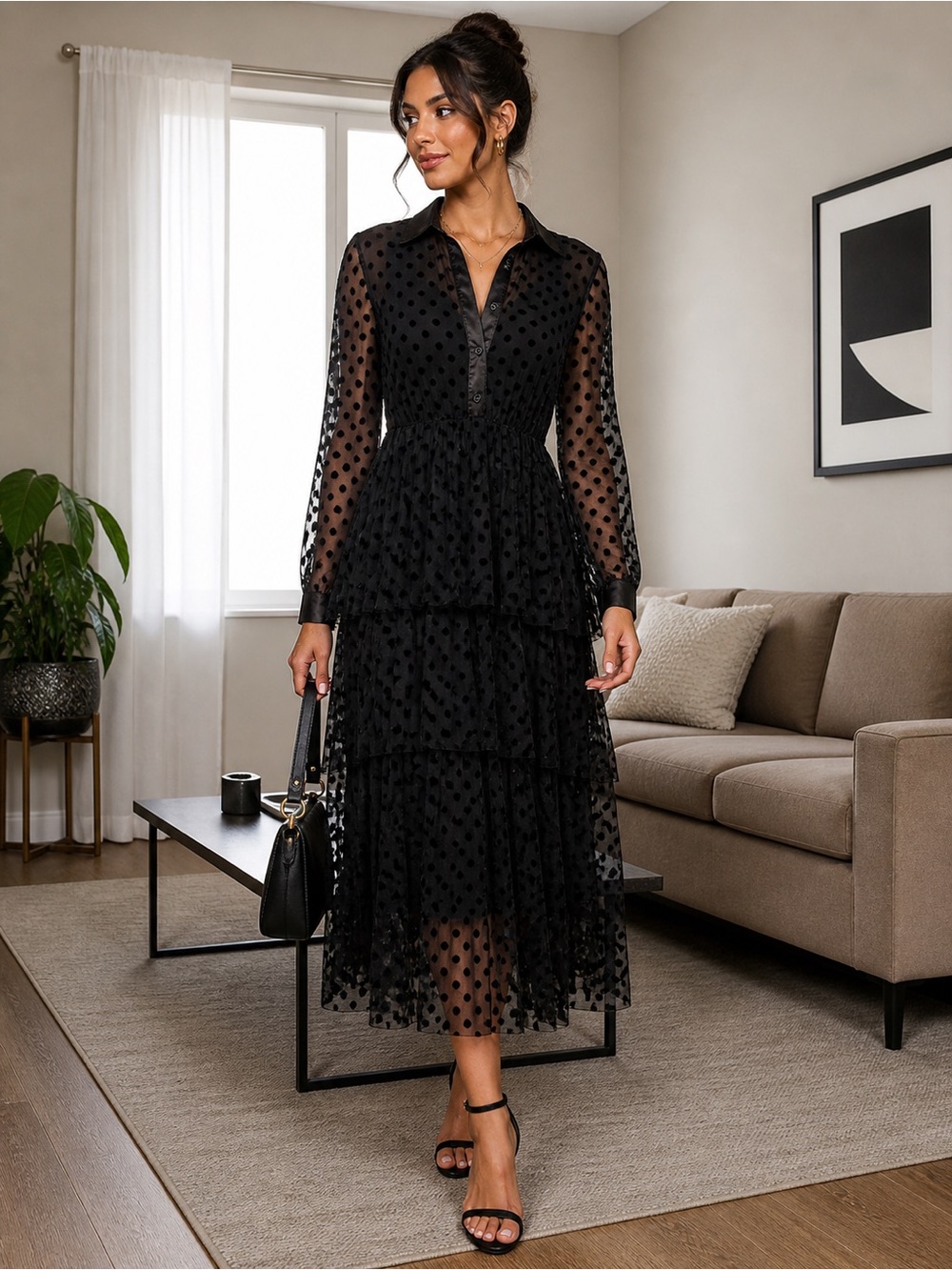 Black Sheer Polka Dot Tiered Maxi Dress